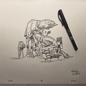 Disney Star Wars AT-AT Walker Empire Strikes Back Hoth Ink Drawing/Sketch art